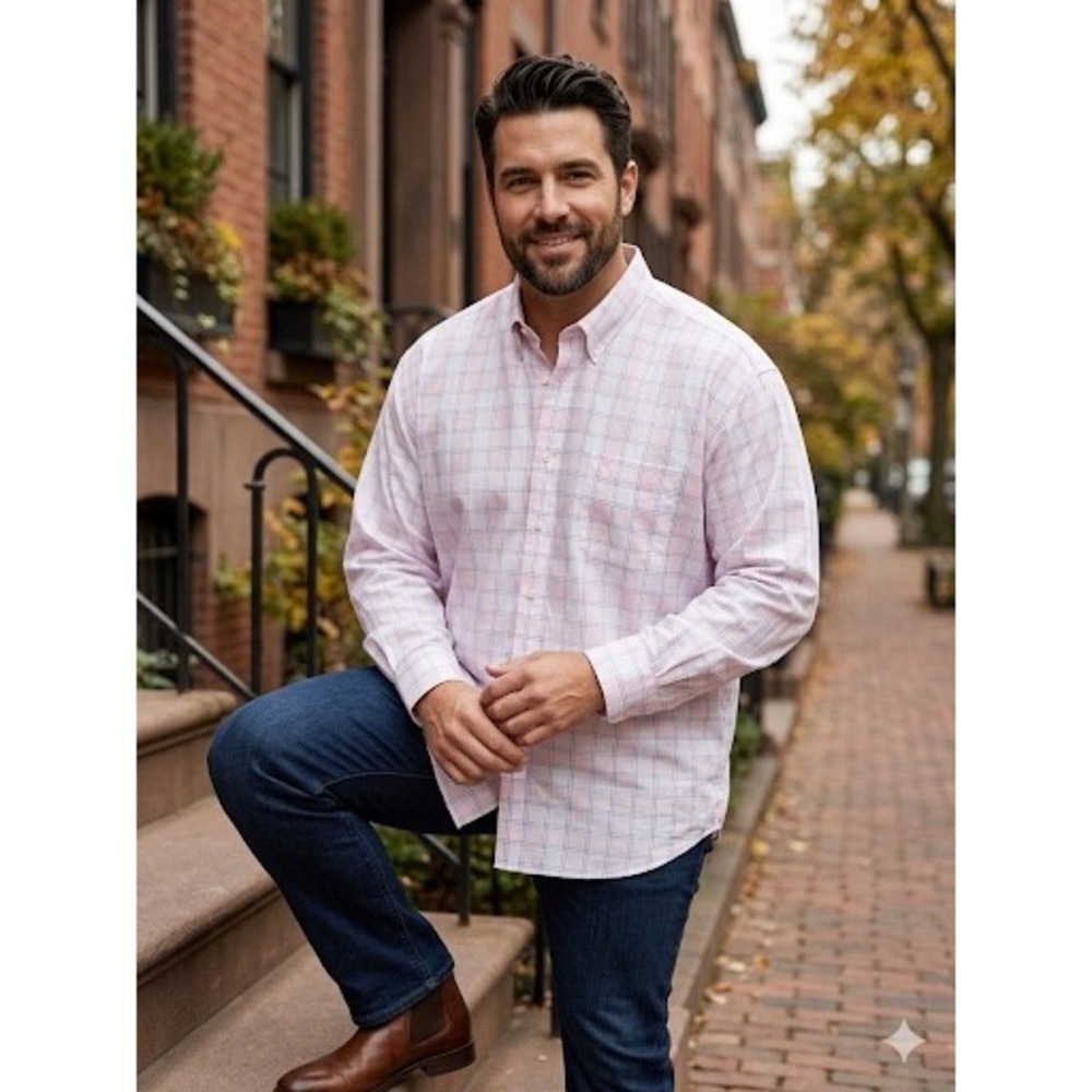 Cutter & Buck Mens 3XB Pink White Plaid Cotton Button Down Shirt Big & Tall